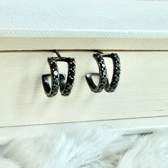 14K BLACK GOLD GEM DOUBLE HOOP EARRINGS - Picture 4 of 12